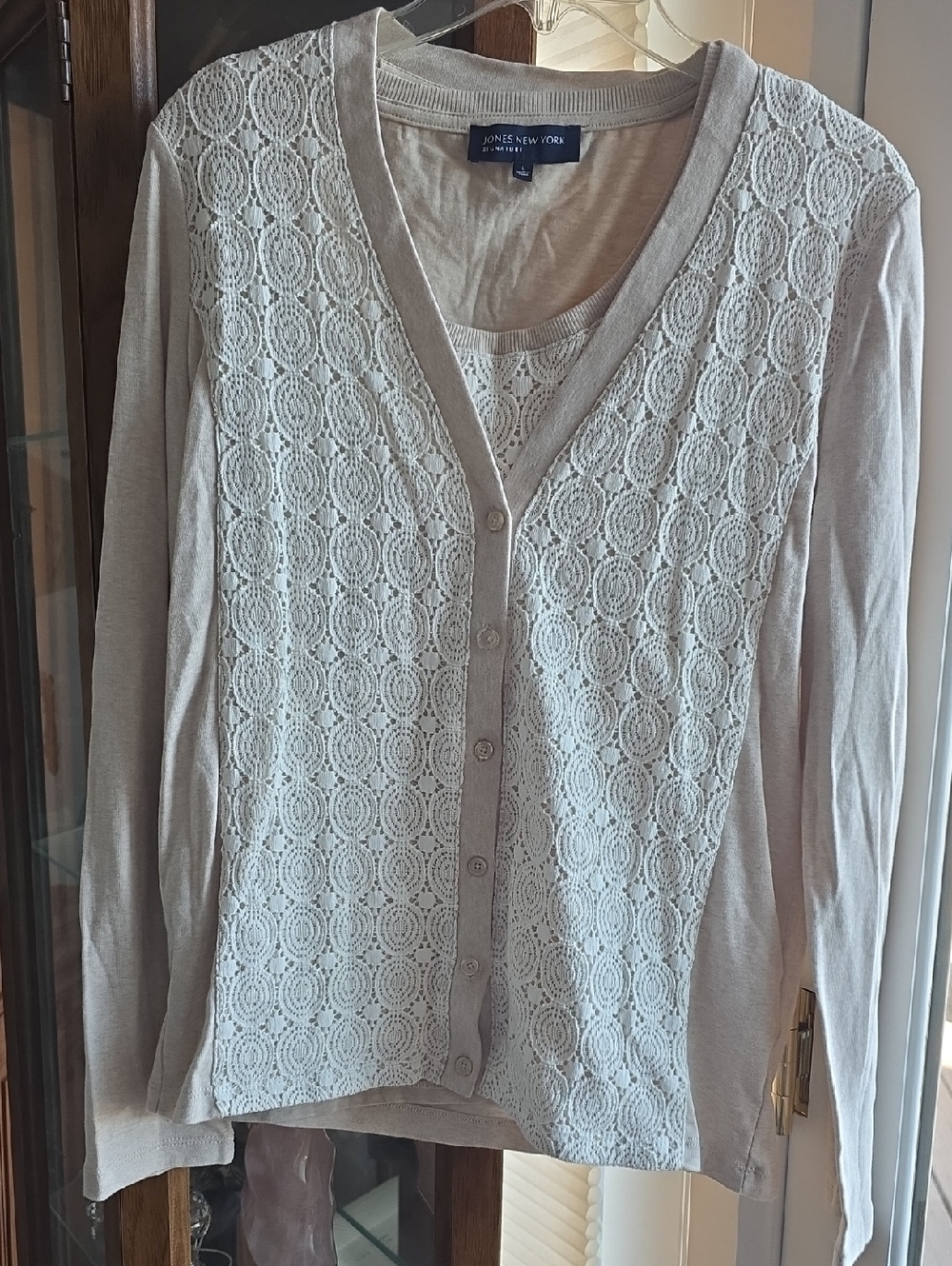Jones New York Light Cream Lace-Front Cardigan And Tank Set